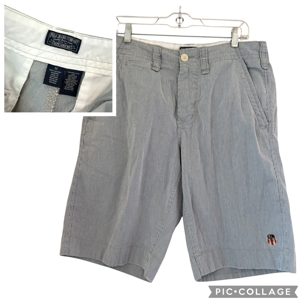 VTG Polo Jeans Co Ralph Lauren Mens 32 Blue White Hickory Pinstripe  Shorts Logo